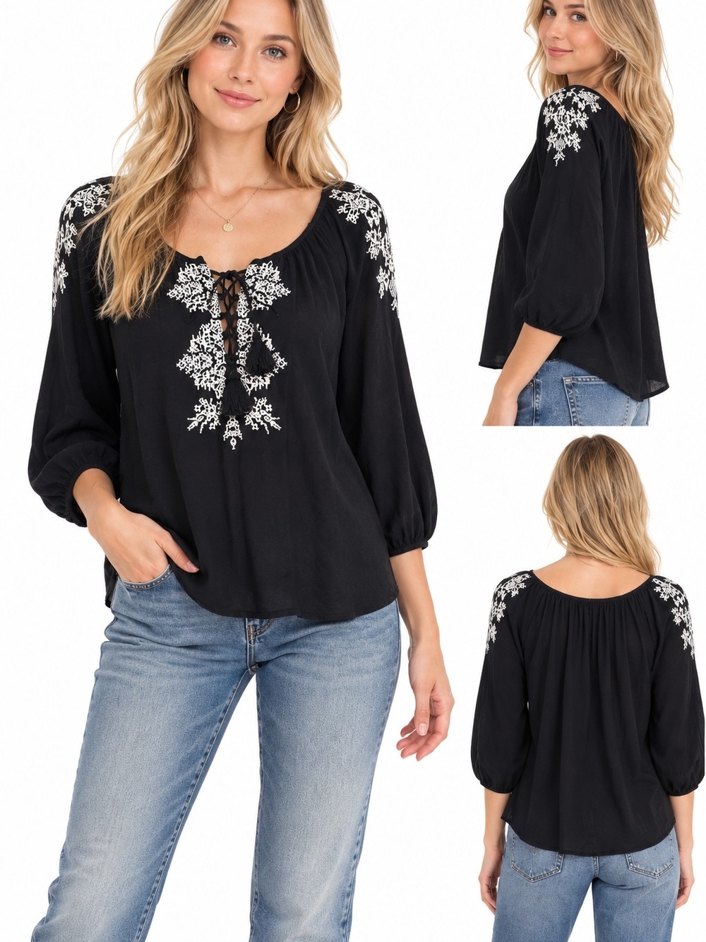 American Eagle Y2K Boho Embroidered Peasant Blouse Black M